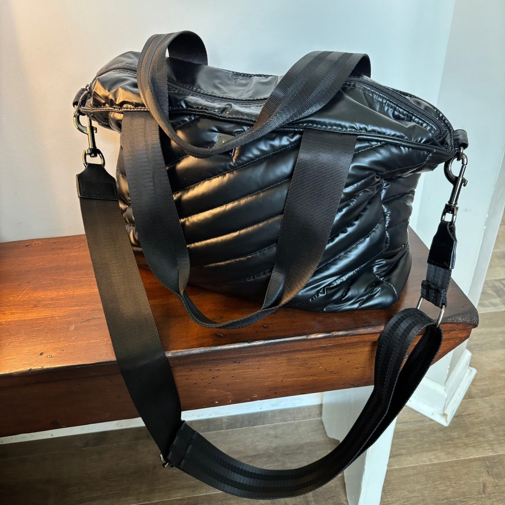 Think Royln Wingman Tote Bag Black Quilted Puffer Crossbody Travel Gym Duffel